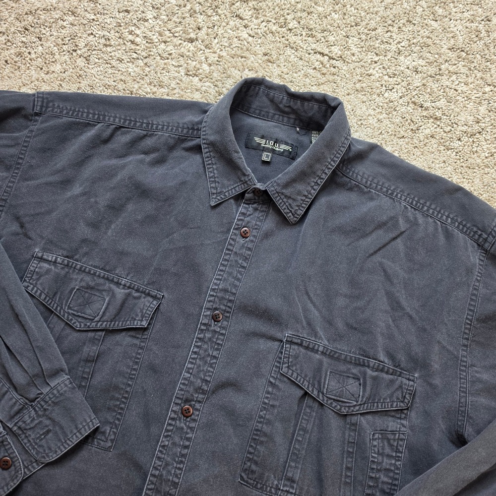 VINTAGE I.O.U. Button Down Shirt Mens Large Black Long Sleeve Utility Workwear